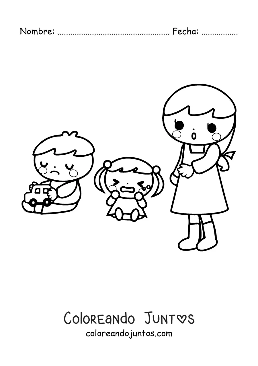 Imagen para colorear de dos niños jugando en el jardín de infantes con la maestra