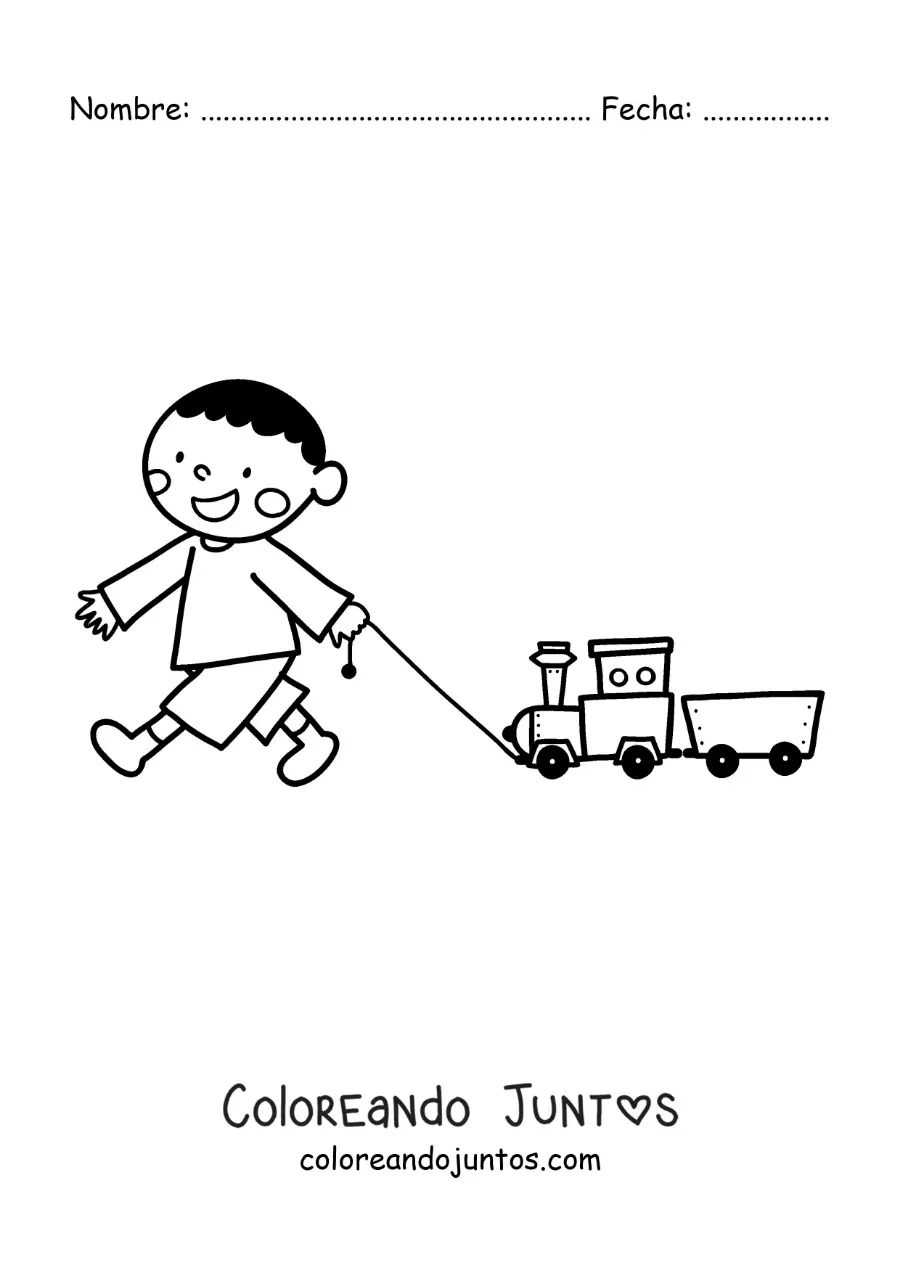 Imagen para colorear de un niño jugando con su tren de juguete
