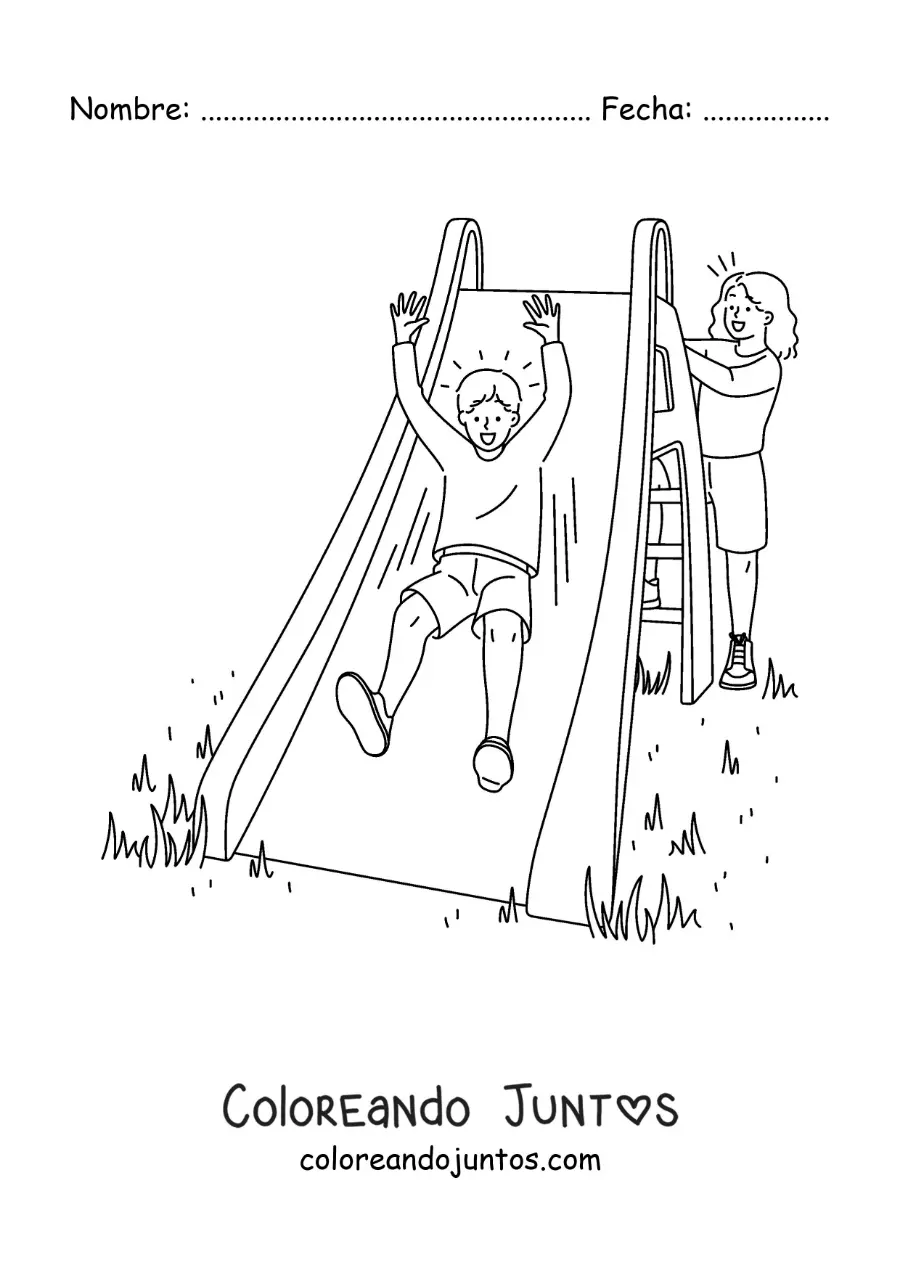 Imagen para colorear de dos niños jugando en un tobogán