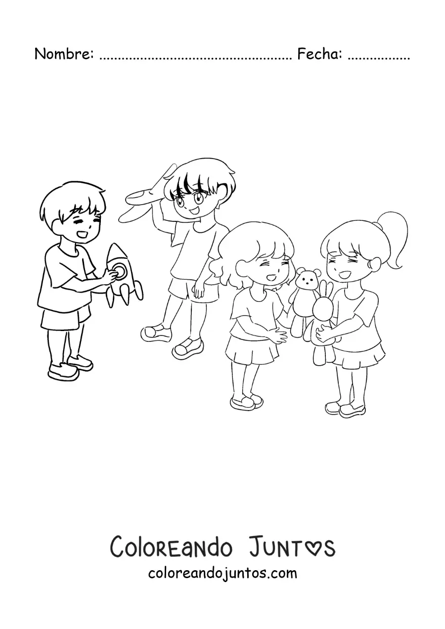 Imagen para colorear de niños y niñas jugando con juguetes en la escuela