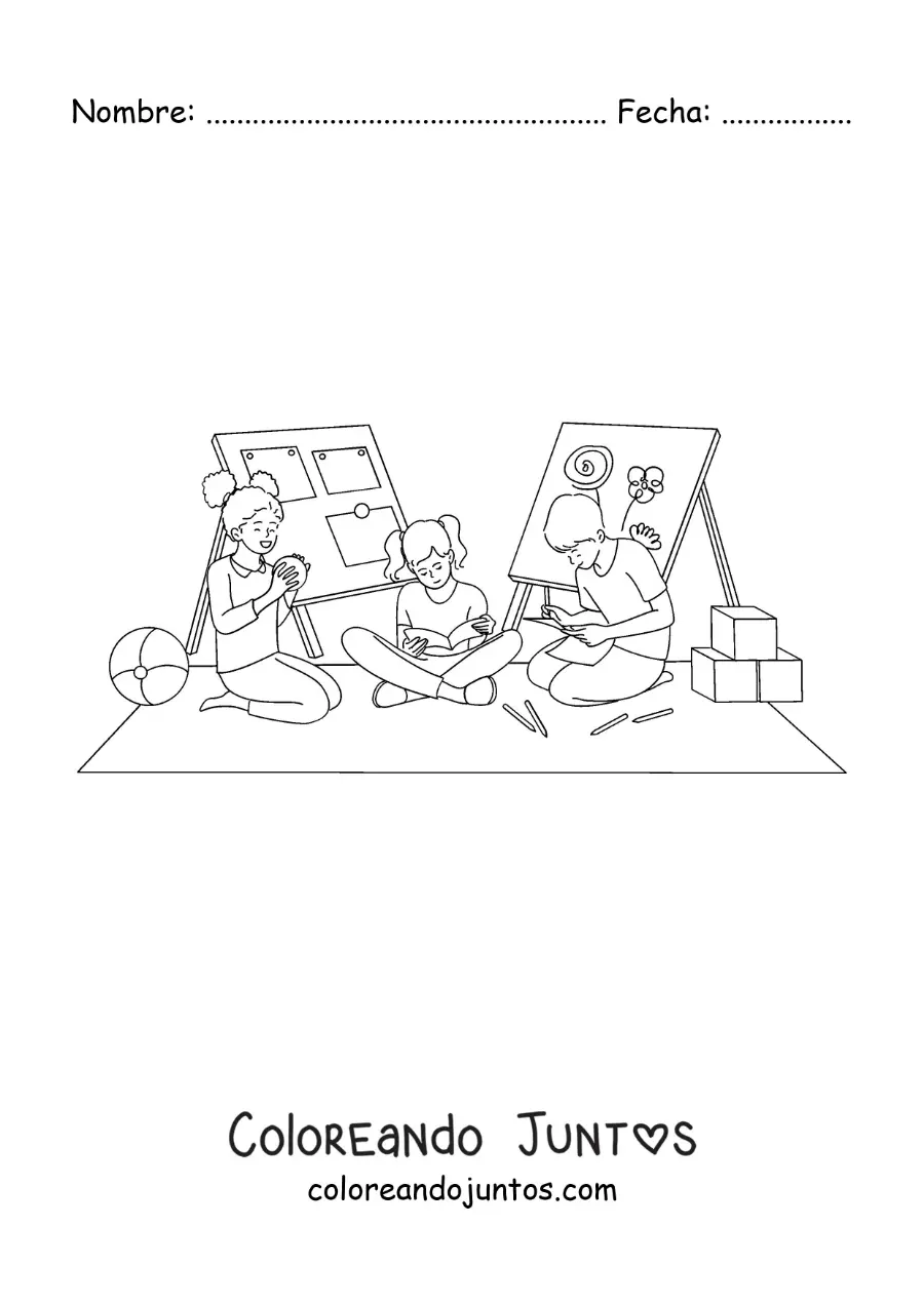 Imagen para colorear de niños jugando y estudiando en la escuela