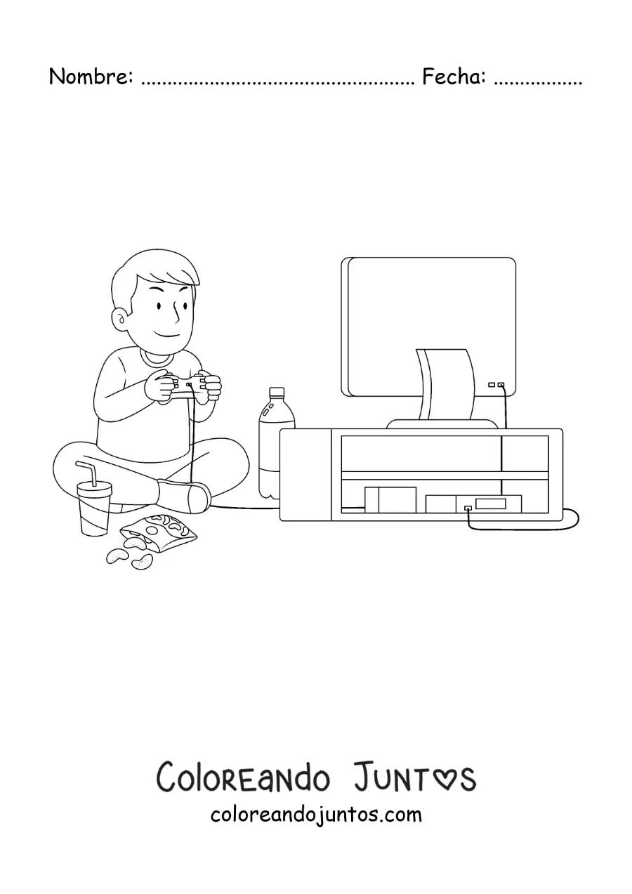 Imagen para colorear de un niño sentado jugando videojuegos frente al televisor