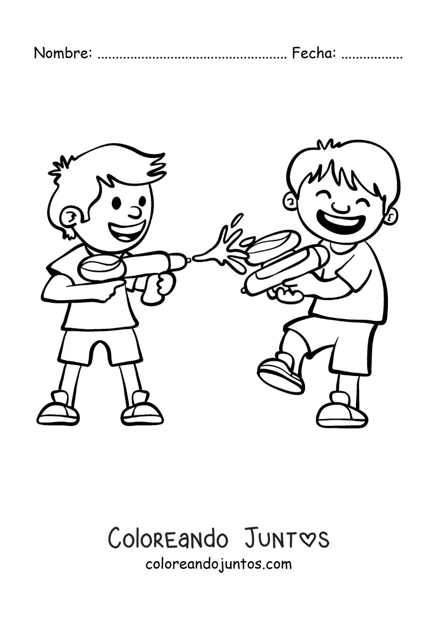 Imagen para colorear de dos niños amigos jugando con pistolas de agua
