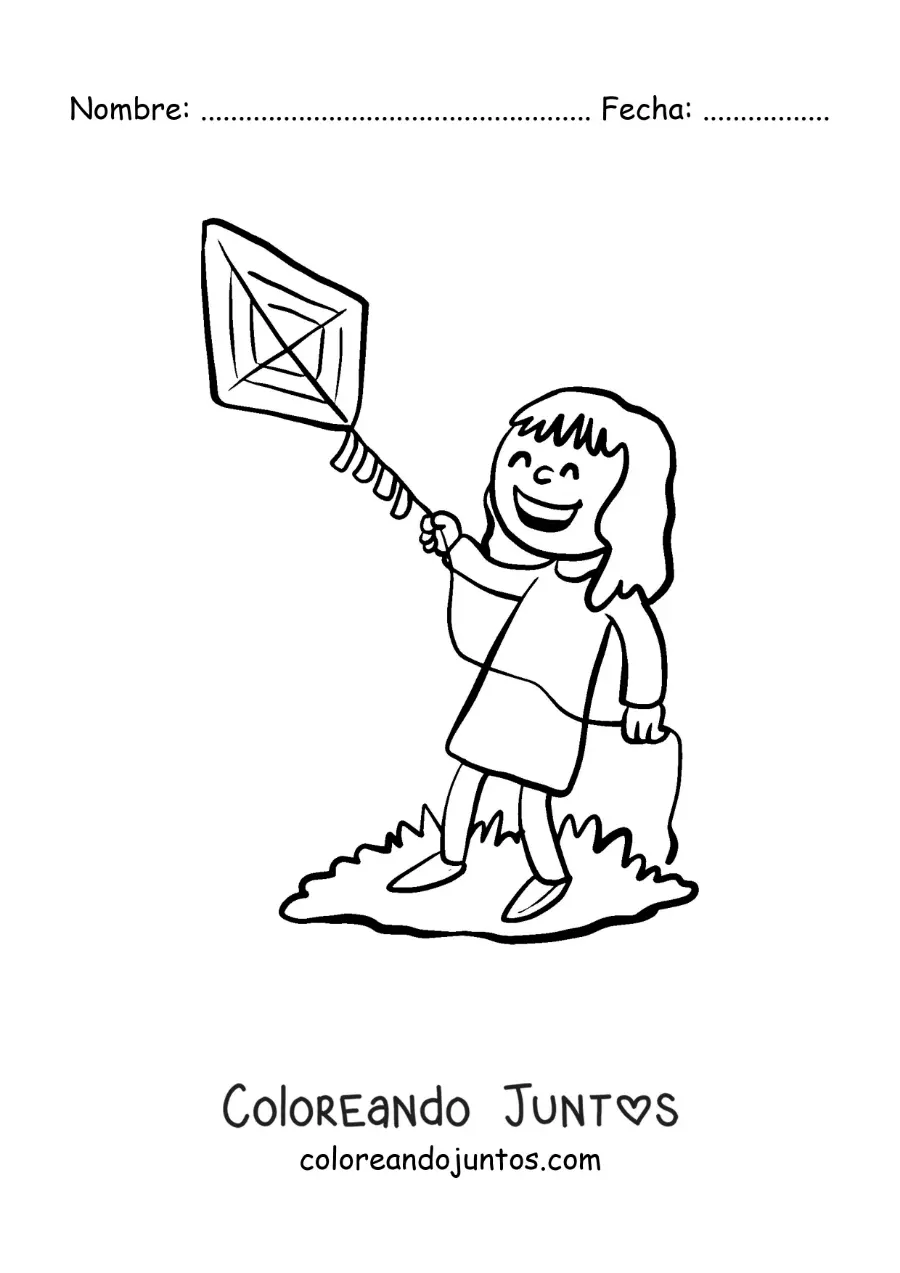 Imagen para colorear de una niña jugando con un cometa