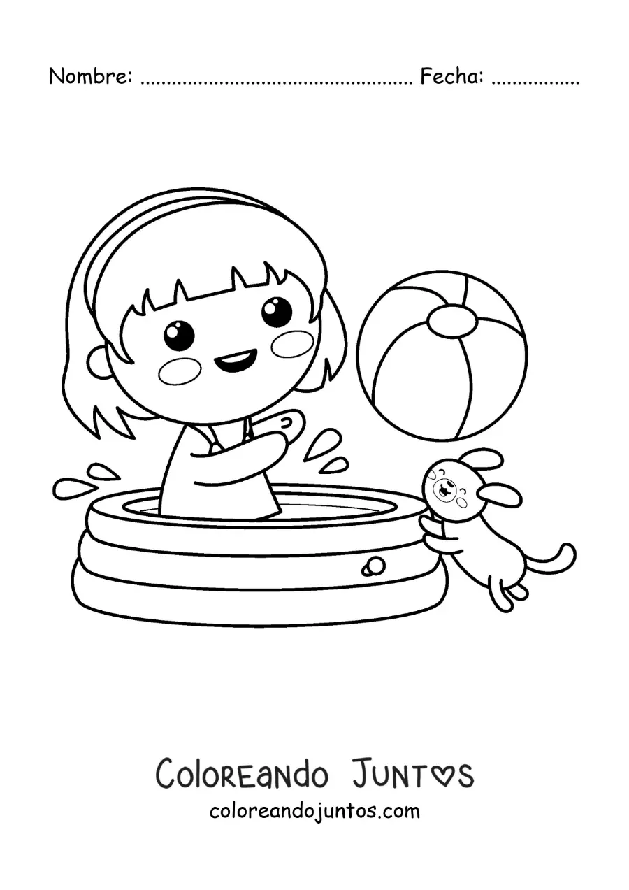 Imagen para colorear de una niña kawaii jugando con una pelota en la piscina