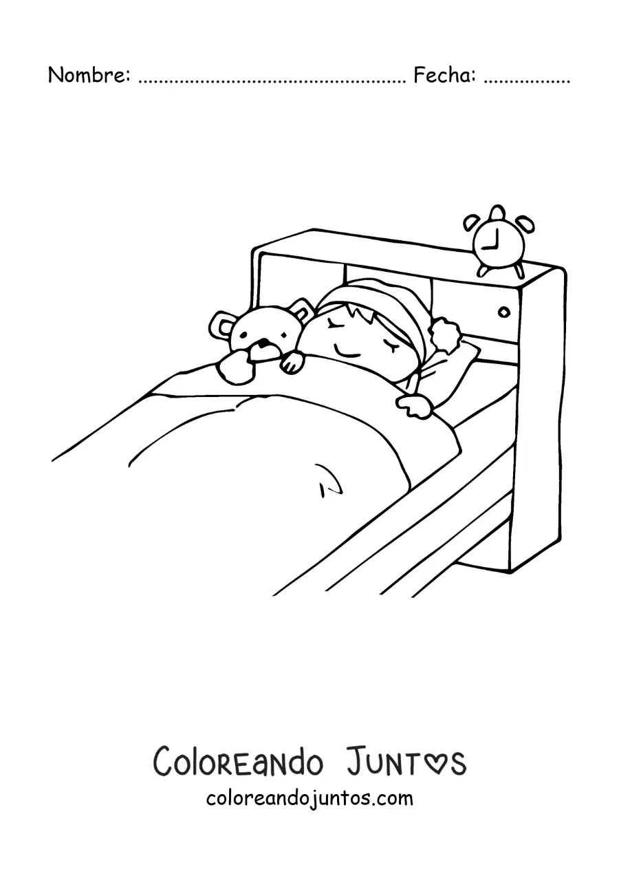 Imagen para colorear de una niña durmiendo en su habitación