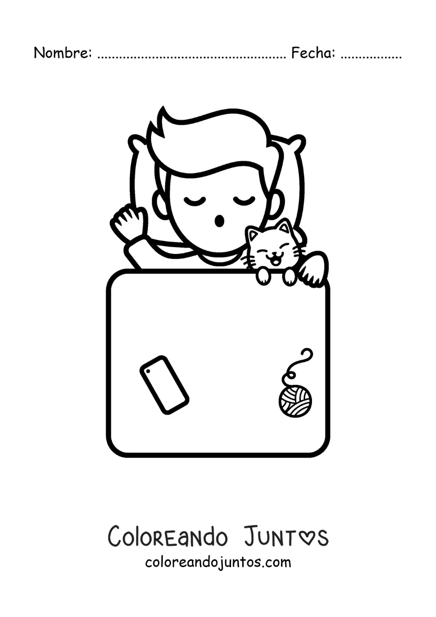 Imagen para colorear de un chico durmiendo con su gato