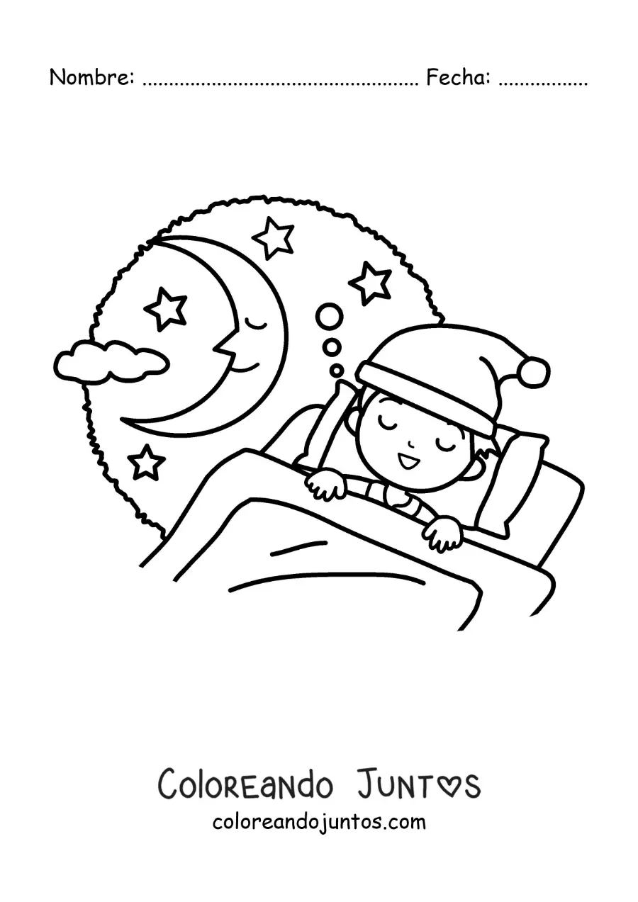 Imagen para colorear de un niño dormido en su cama con la luna en el fondo