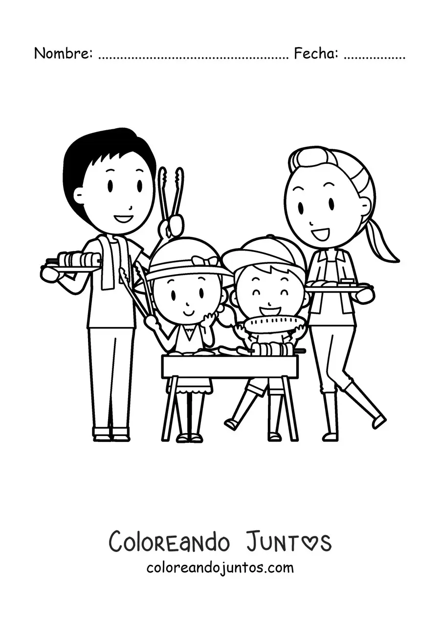 Imagen para colorear de una familia haciendo una barbacoa