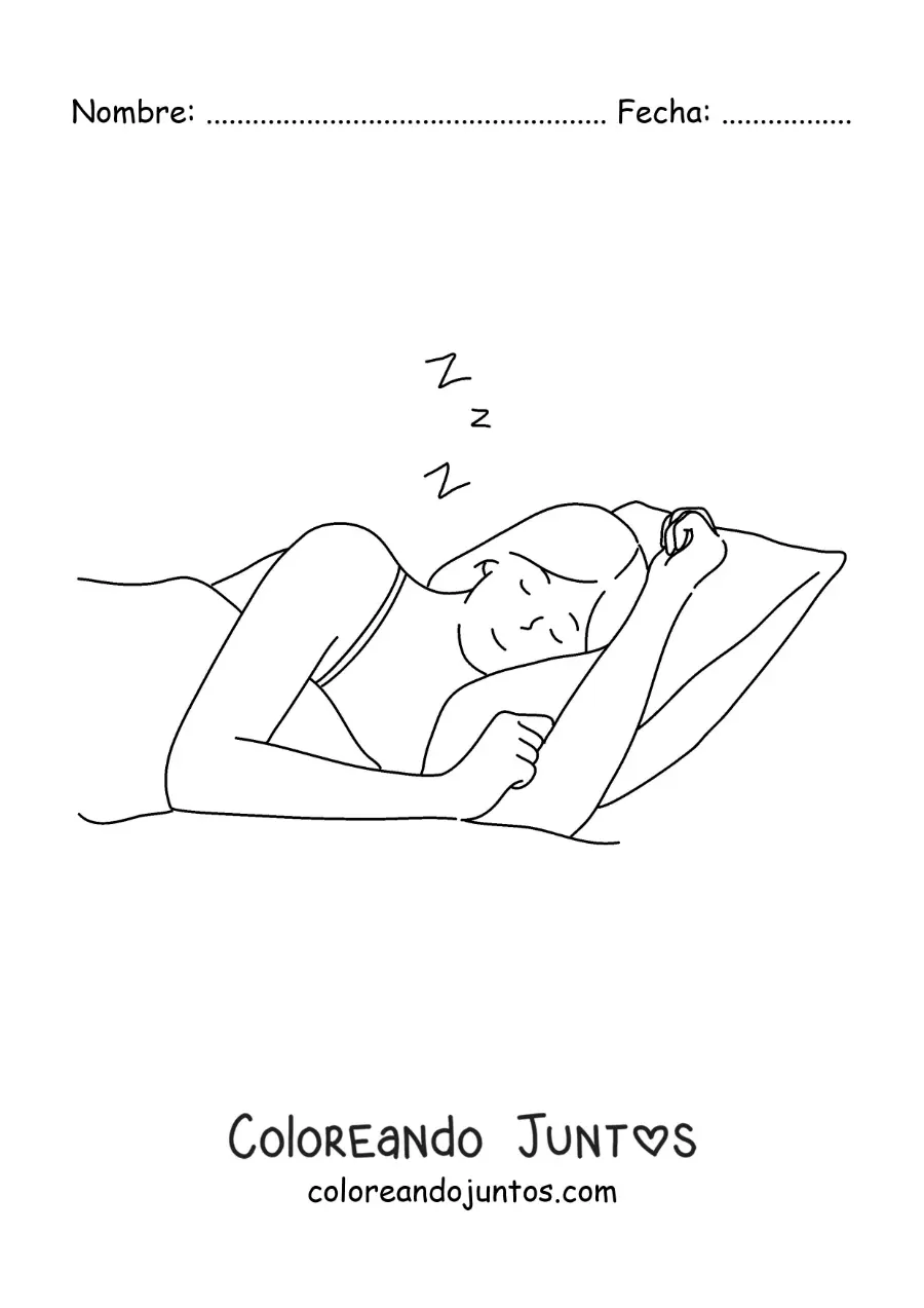 Imagen para colorear de una chica durmiendo cómoda sobre la almohada