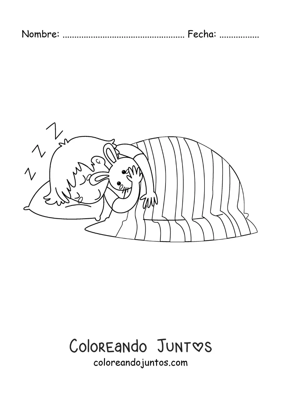 Imagen para colorear de un niño durmiendo en la cama con su conejo de felpa