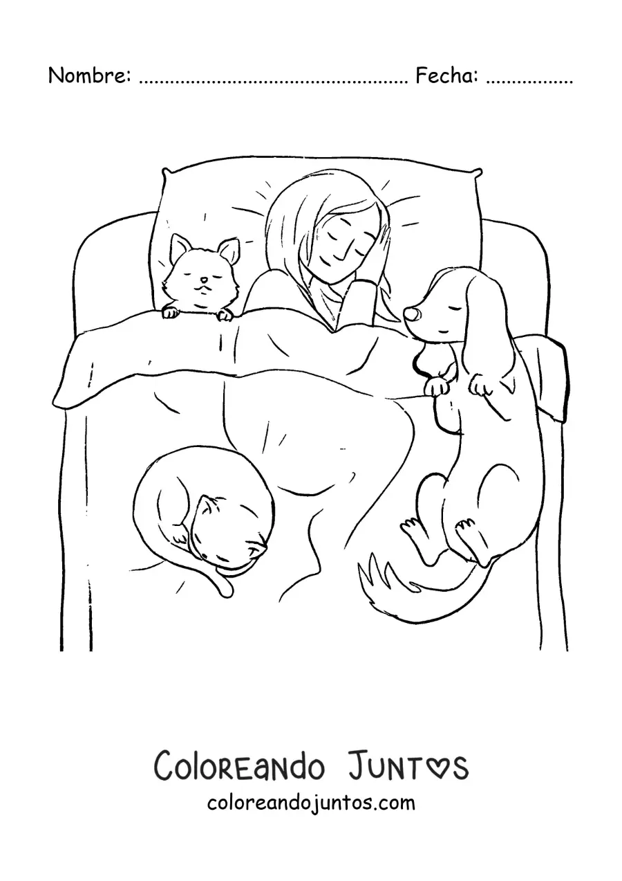 Imagen para colorear de una niña durmiendo en la cama con sus mascotas