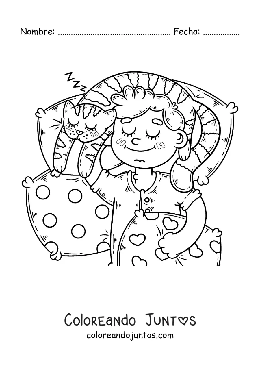 Imagen para colorear de un niño durmiendo en la cama con su gato
