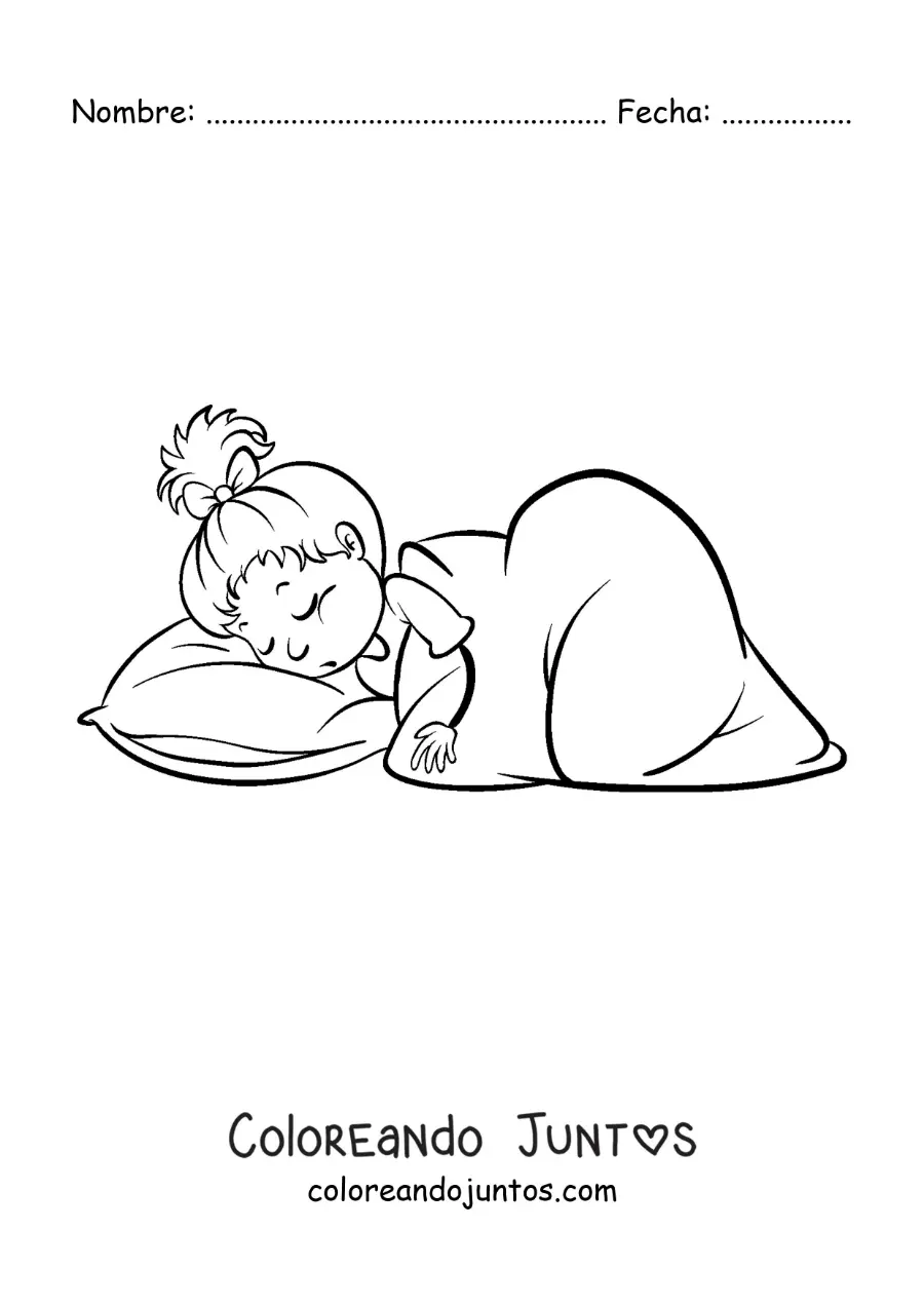 Imagen para colorear de una niña animada durmiendo con una manta