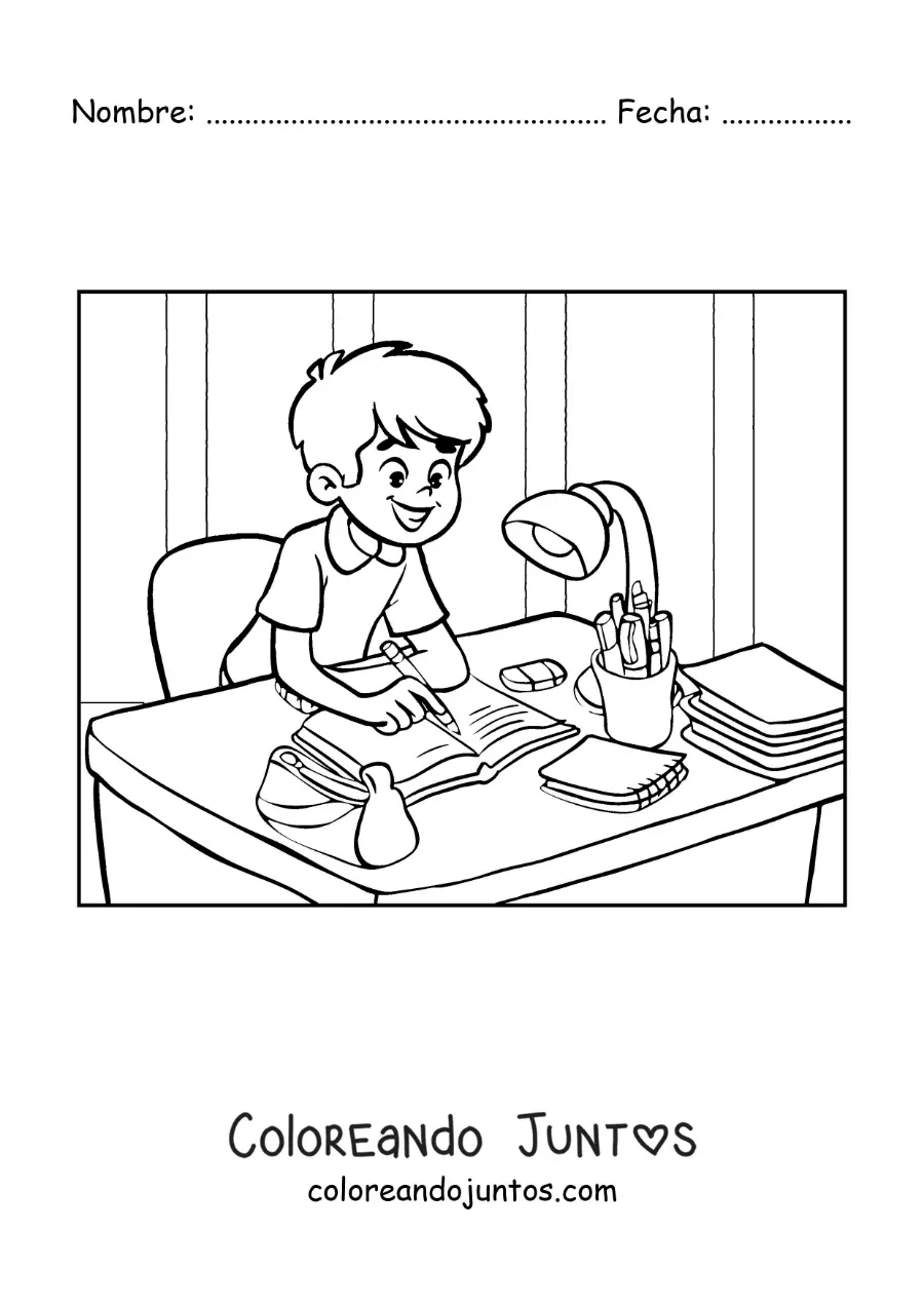 Imagen para colorear de un niño escribiendo su tarea sobre un escritorio