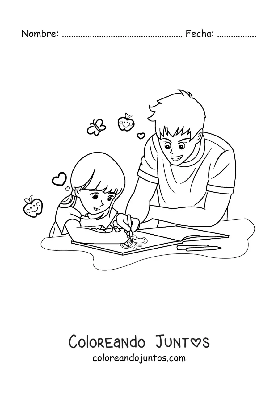 Imagen para colorear de un padre ayudando a su hija a hacer la tarea