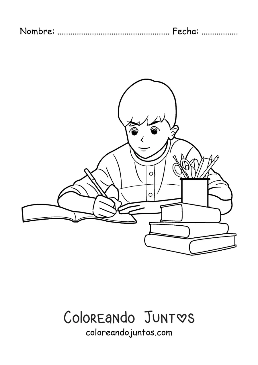 Imagen para colorear de un niño haciendo sus deberes en la mesa