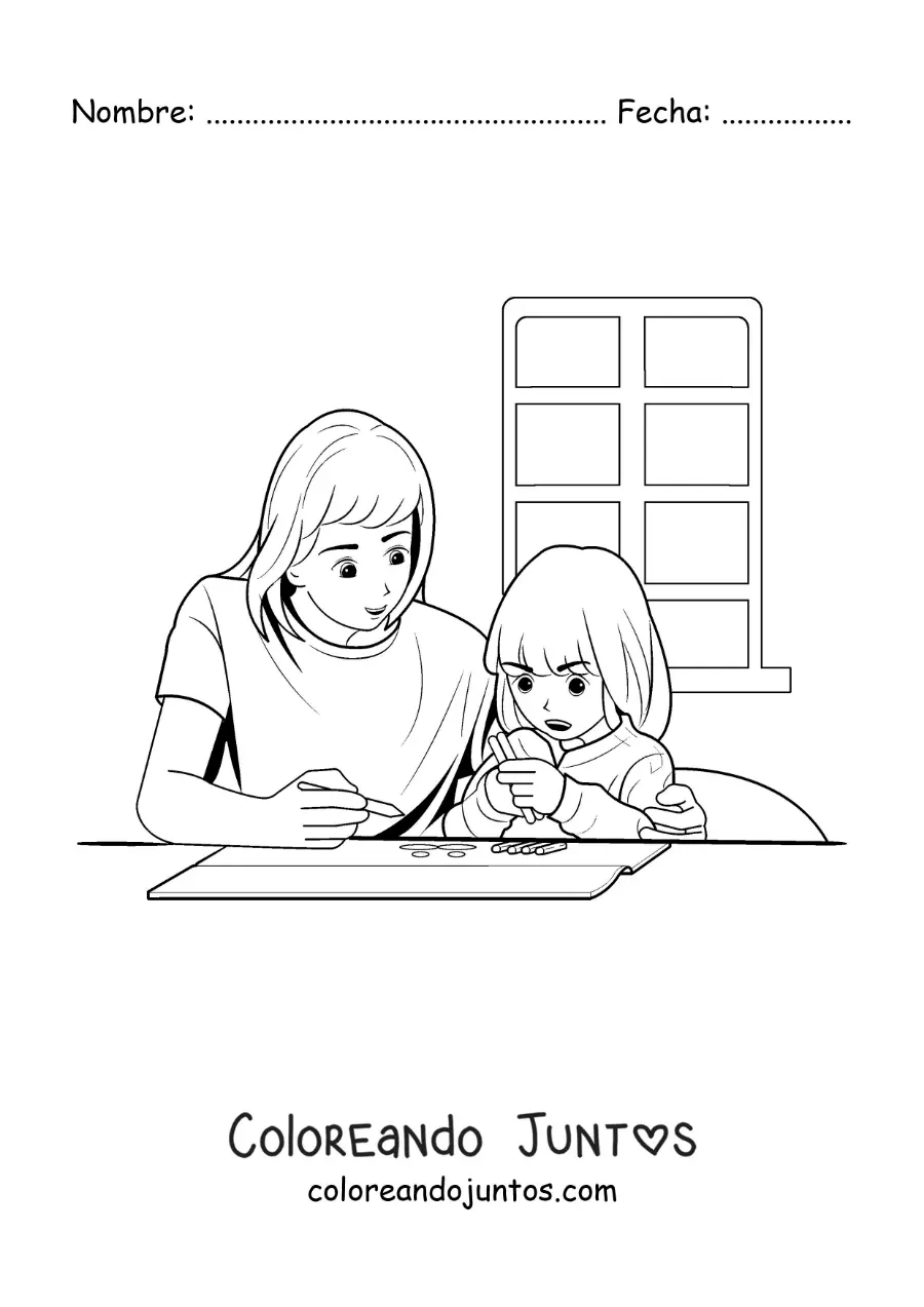 Imagen para colorear de una madre ayudando a su hija a hacer los deberes