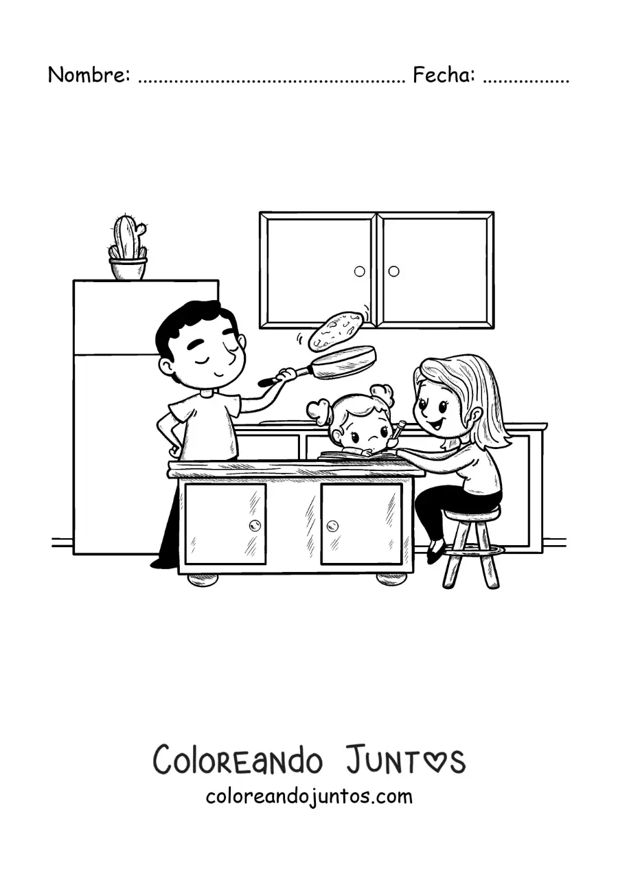 Imagen para colorear de una madre ayudando a su hija con la tarea mientras papá cocina