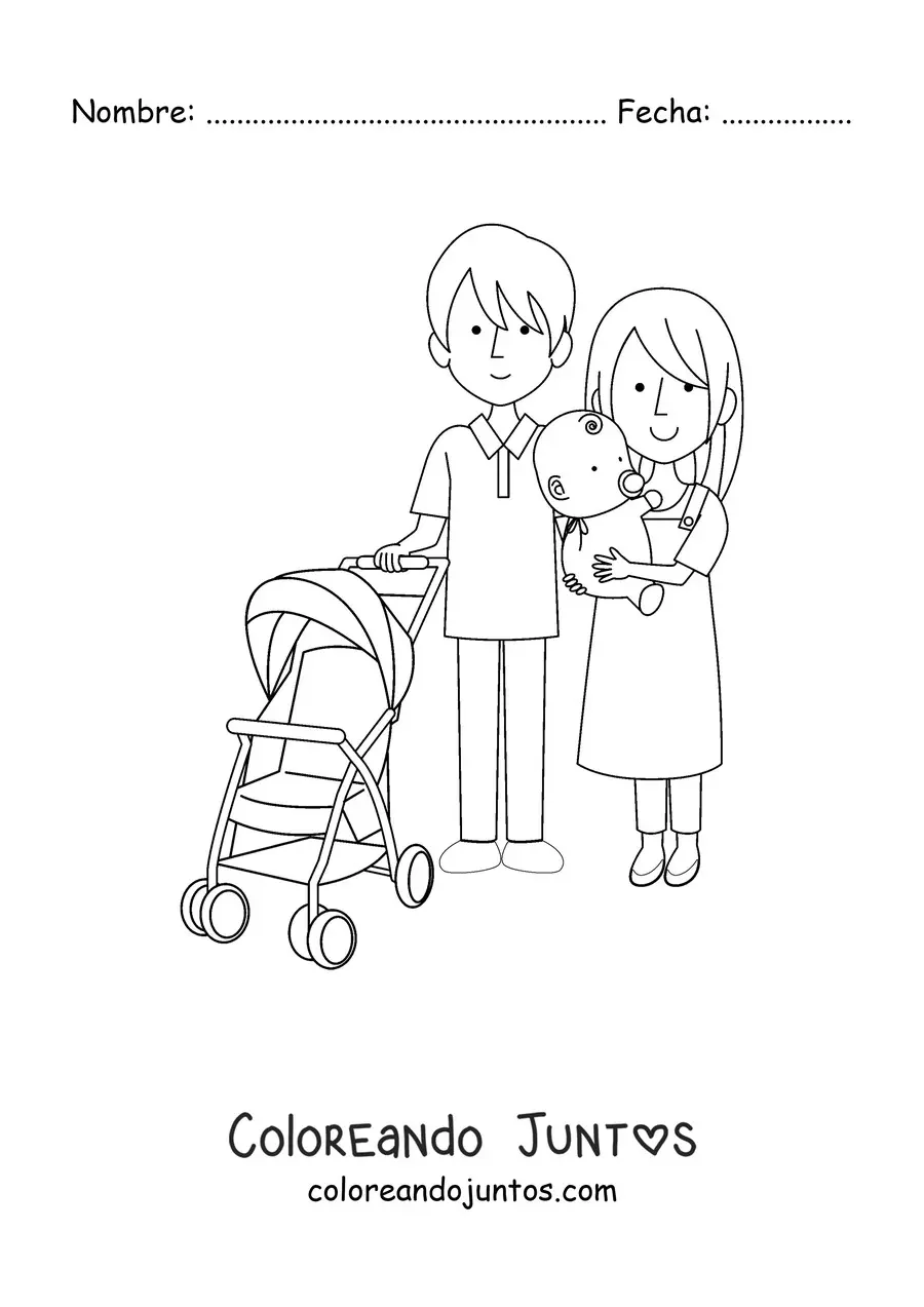 Imagen para colorear de dos padres paseando a un bebé