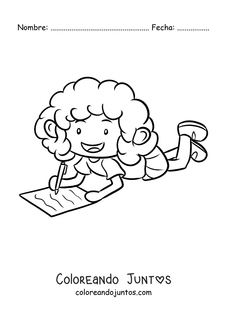 Imagen para colorear de una niña escribiendo su tarea en el piso
