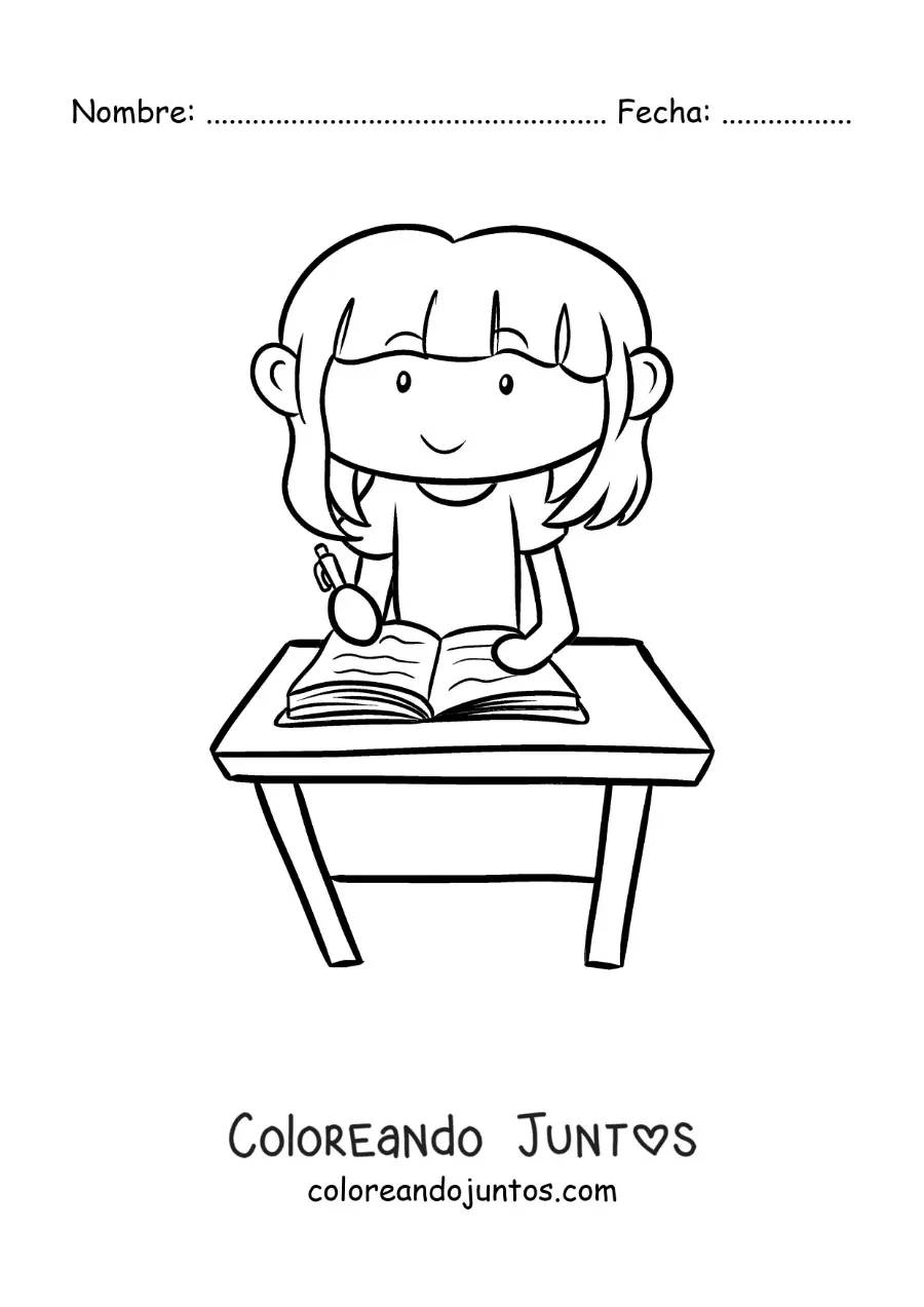 Imagen para colorear de una niña escribiendo su tarea en un escritorio
