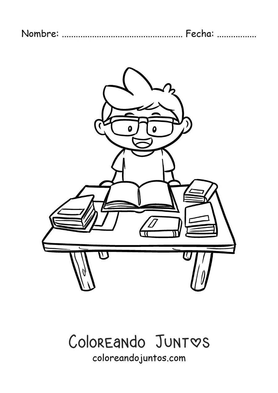 Imagen para colorear de un niño estudiando en una mesa