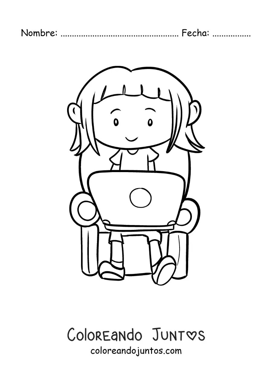 Imagen para colorear de una niña sentada haciendo su tarea en una computadora