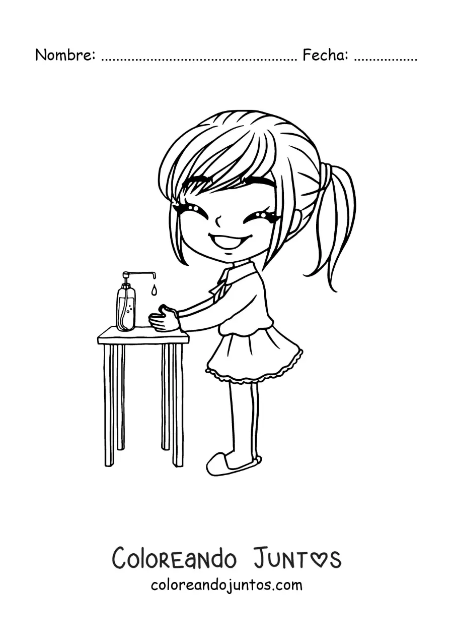 Imagen para colorear de una niña kawaii limpiando sus manos con gel antibacterial