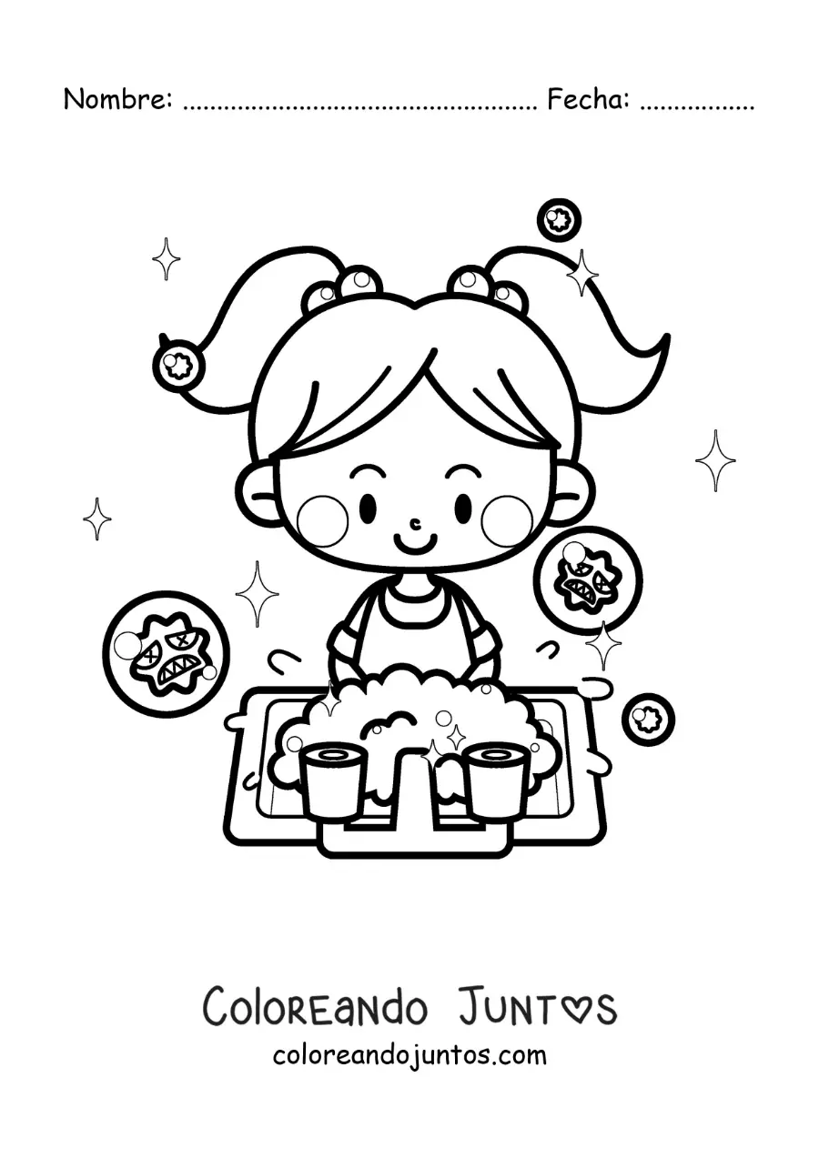Imagen para colorear de una niña kawaii lavando sus manos para protegerse de los virus
