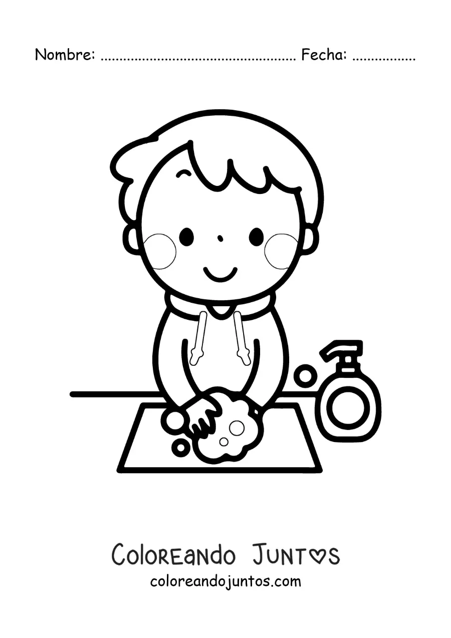 Imagen para colorear de un niño kawaii lavando sus manos con agua y jabón