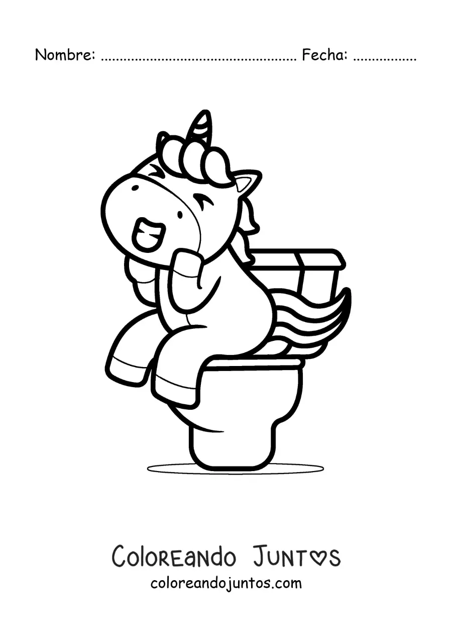 Imagen para colorear de un unicornio animado sentado en el inodoro