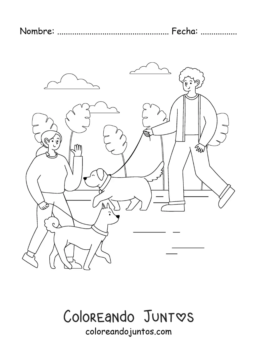 Imagen para colorear de personas paseando a sus perros en el parque