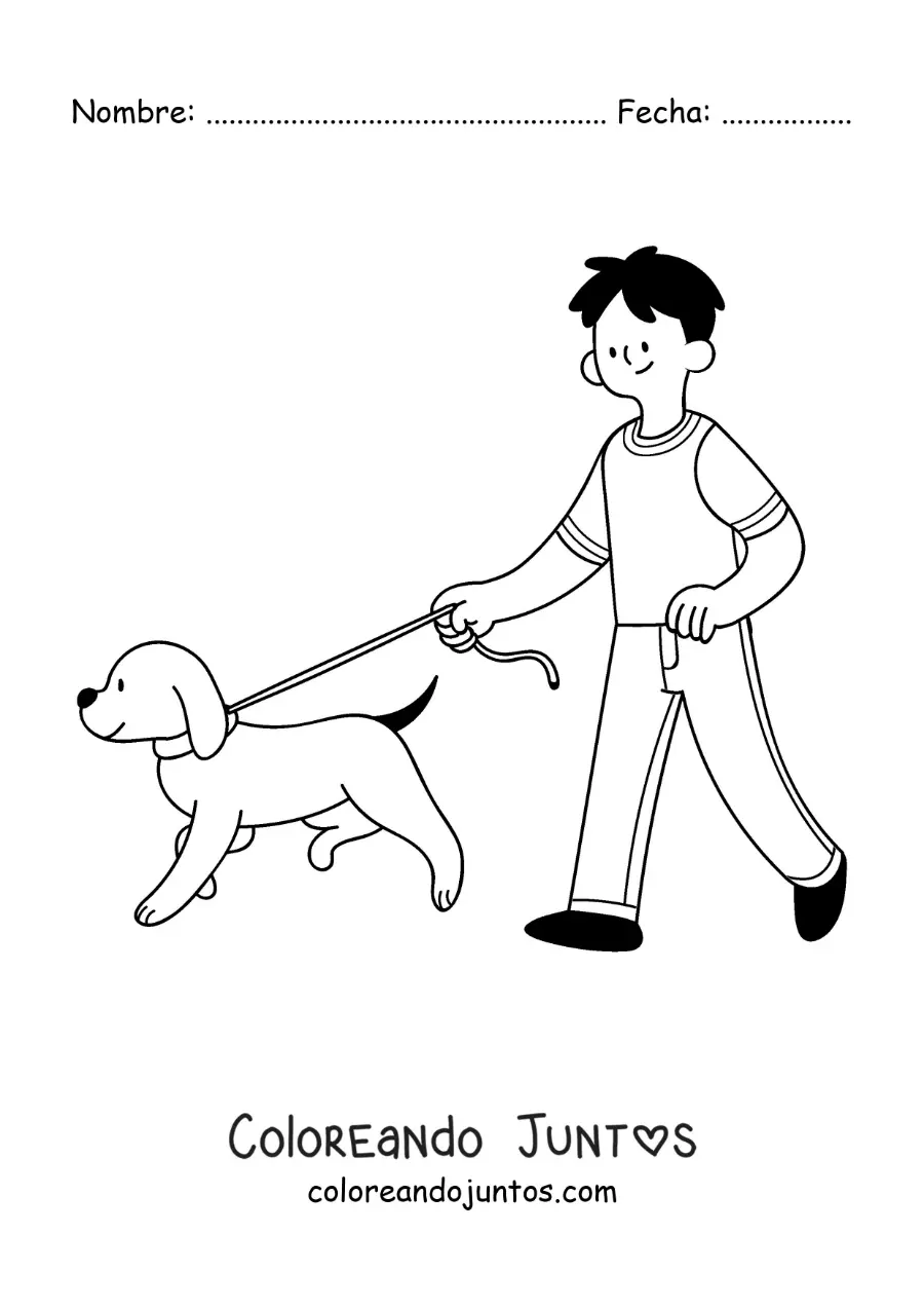 Imagen para colorear de un chico sacando a su perro a pasear con correa