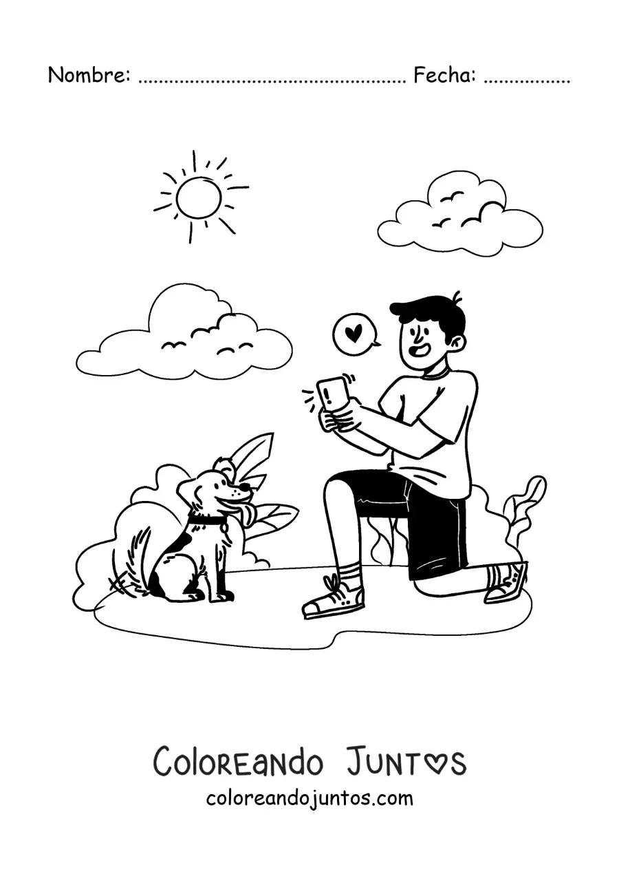 Imagen para colorear de un niño tomando fotos a su perro en un paseo