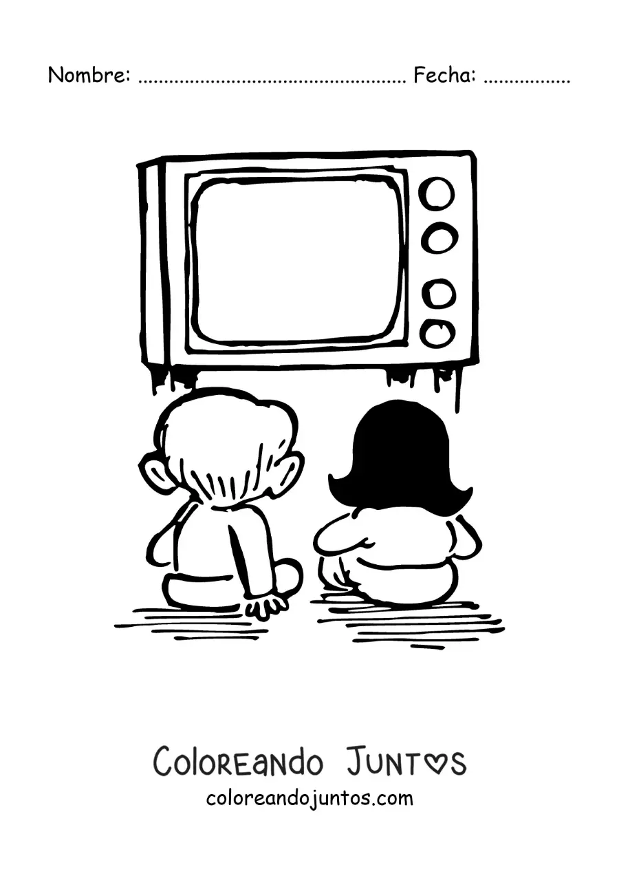 Imagen para colorear de una caricatura de dos niños viendo televisión