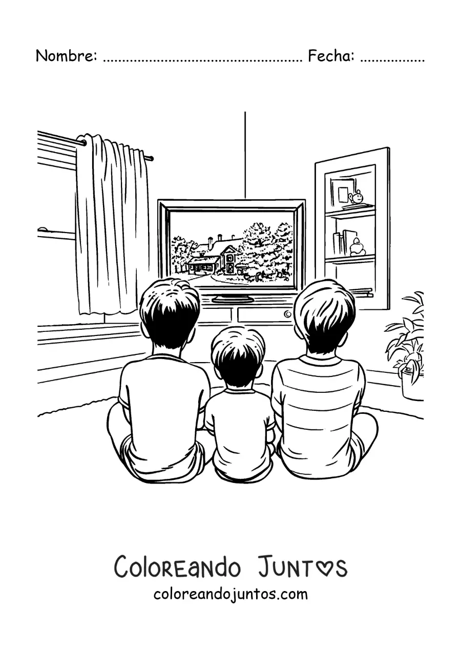Imagen para colorear de niños sentados viendo la tele