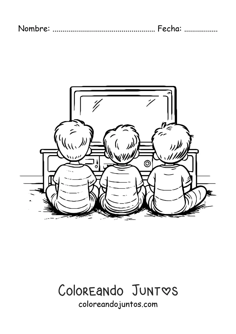 Imagen para colorear de tres hermanos viendo la televisión