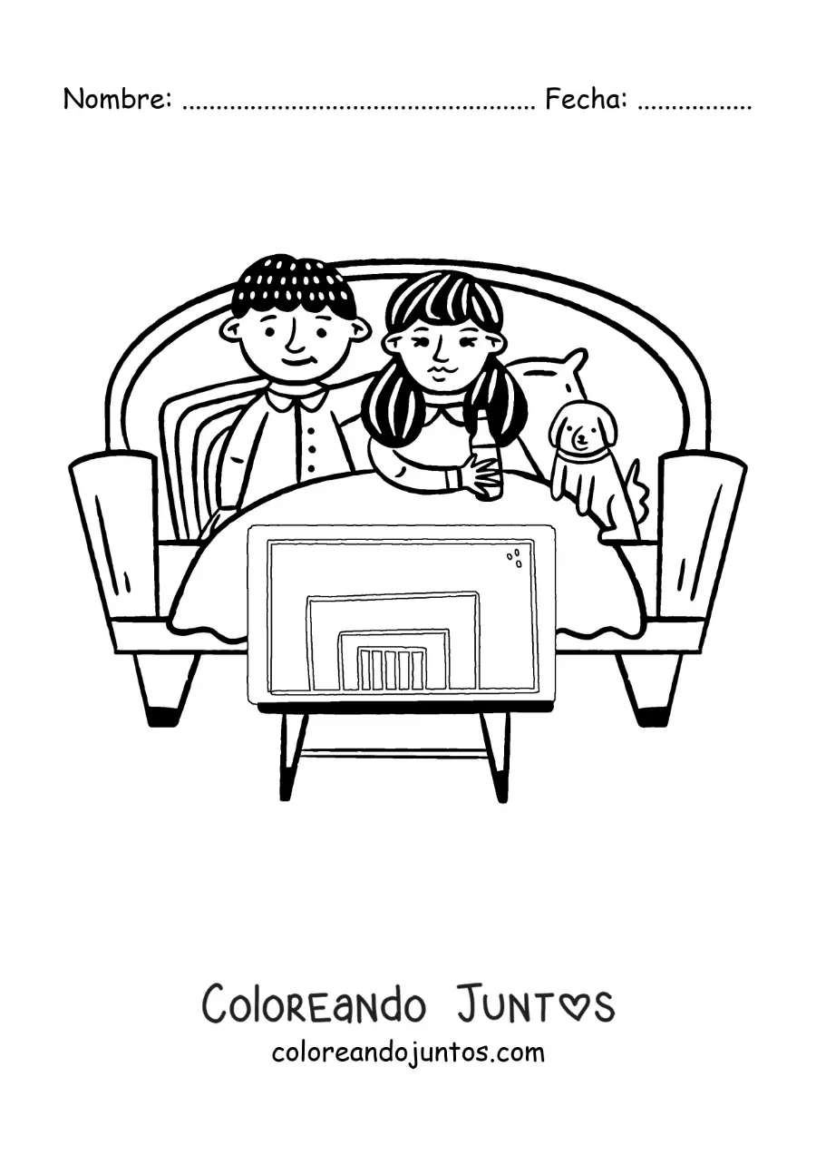 Imagen para colorear de una pareja viendo películas en la tele en el sofá