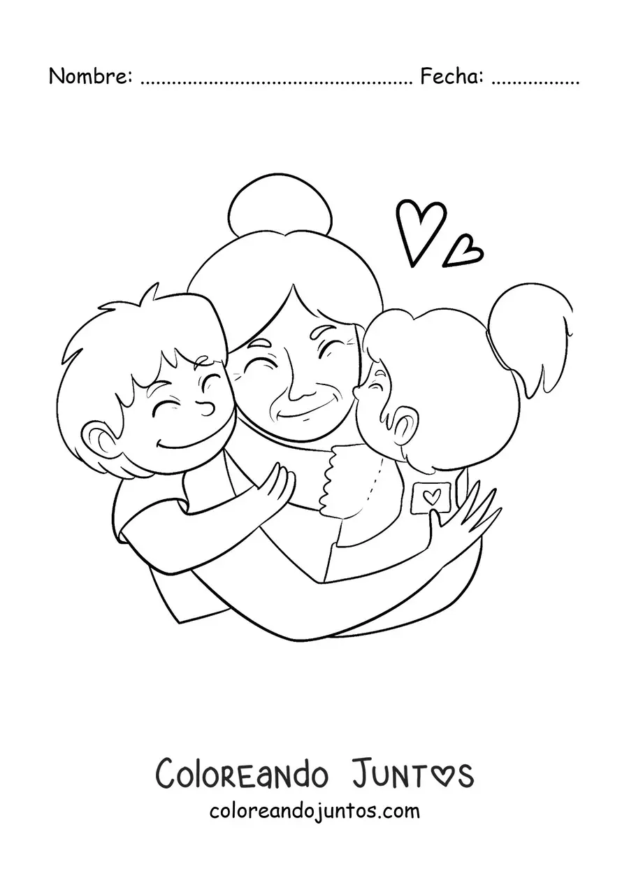 Imagen para colorear de una abuela abrazando a sus dos nietos