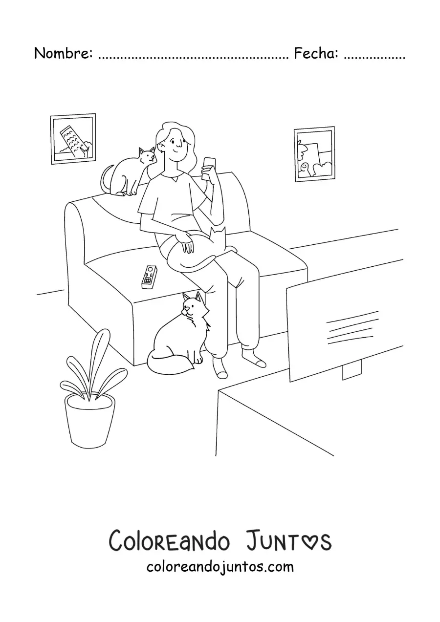 Imagen para colorear de una chica viendo la tele en casa con sus gatos