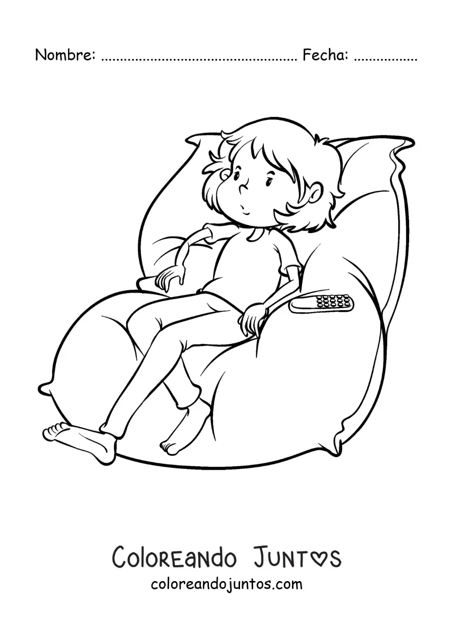Imagen para colorear de un niño sentado viendo la tele