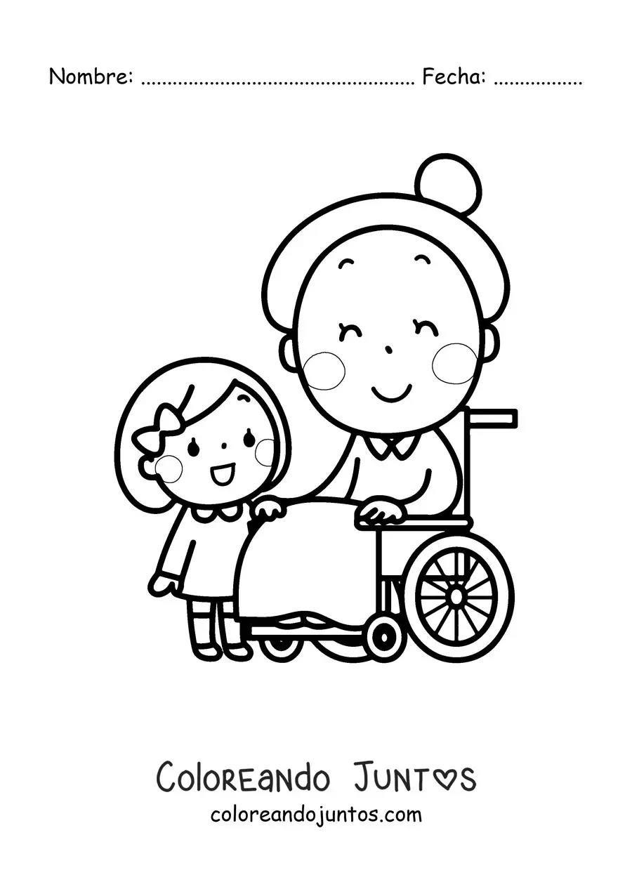 Imagen para colorear de una abuela kawaii sentada junto a su nieta de pie