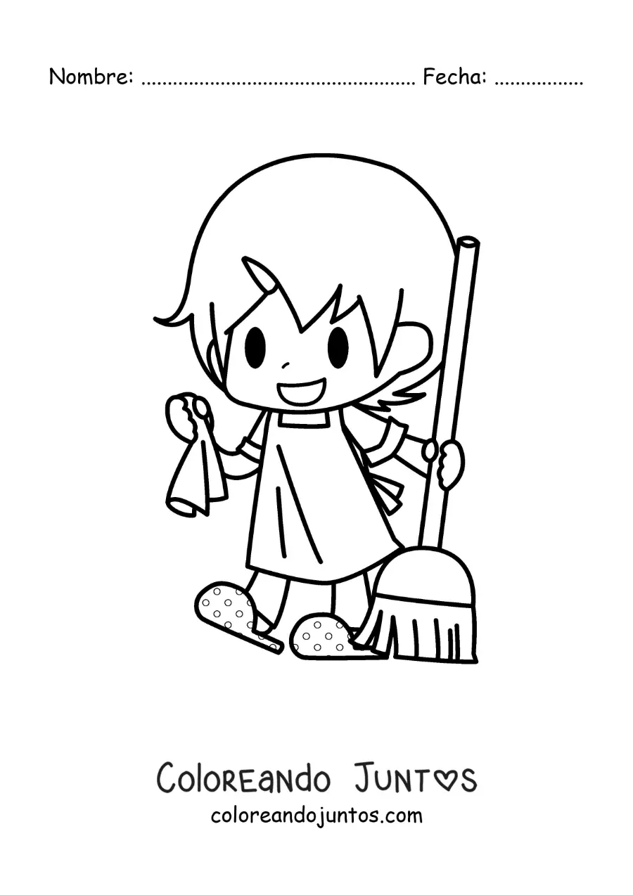 Imagen para colorear de una niña kawaii con una escoba para limpiar el piso