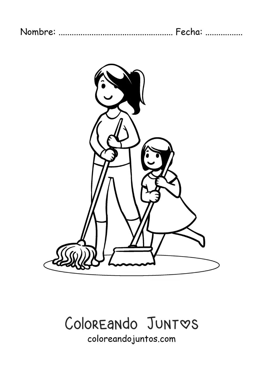 Imagen para colorear de una madre y su hija barriendo el piso