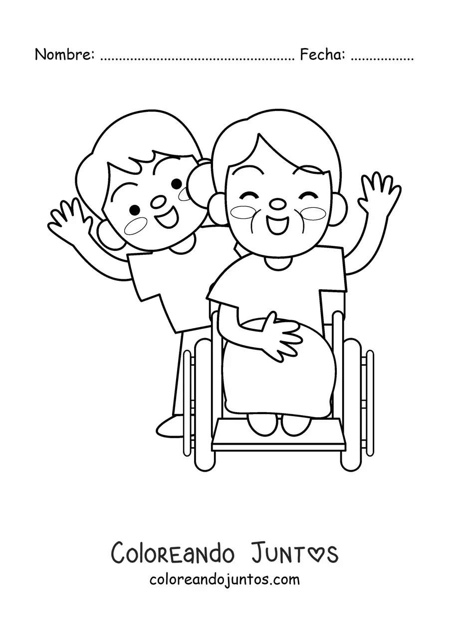 Imagen para colorear de una abuela kawaii en silla de ruedas llevada por su nieto