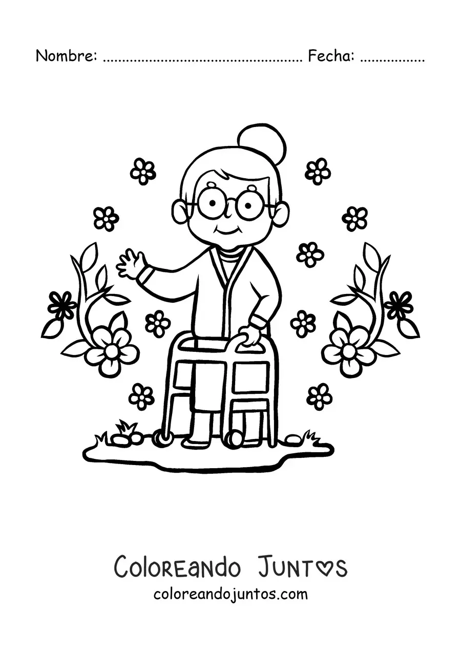 Imagen para colorear de una abuelita tierna rodeada de flores