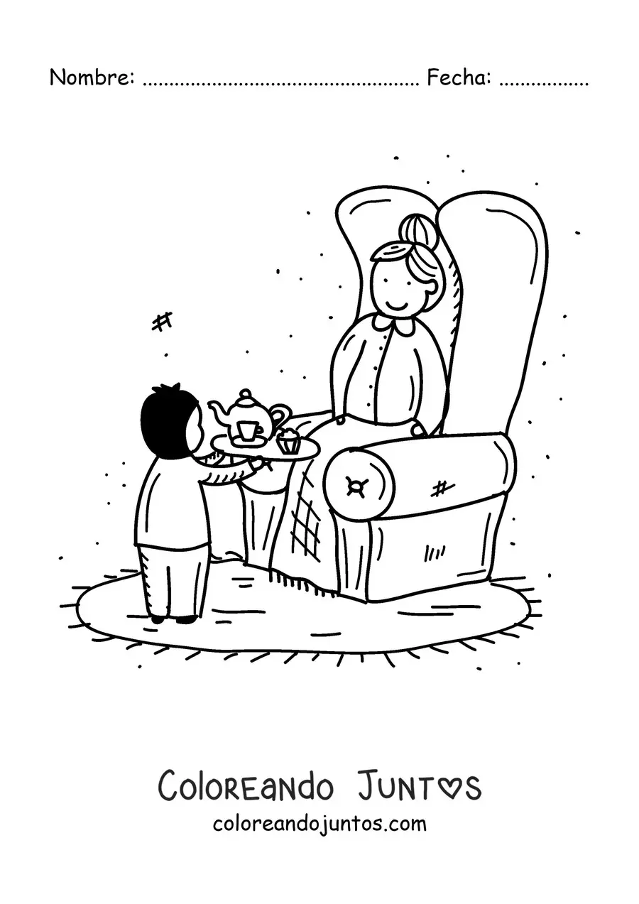 Imagen para colorear de una abuela sentada mientras su nieto le sirve el té