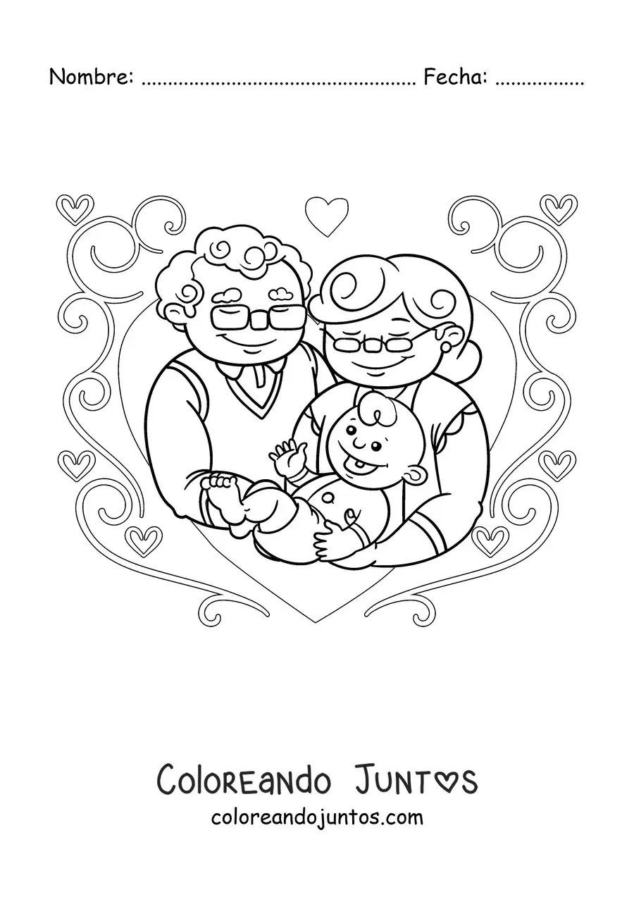 Imagen para colorear de una pareja de abuelos cargando a su nieto bebé