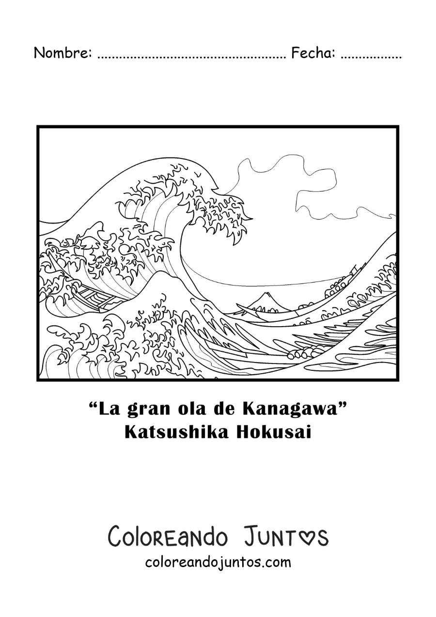 Imagen para colorear de La gran ola de Kanagawa de Katsushika Hokusai